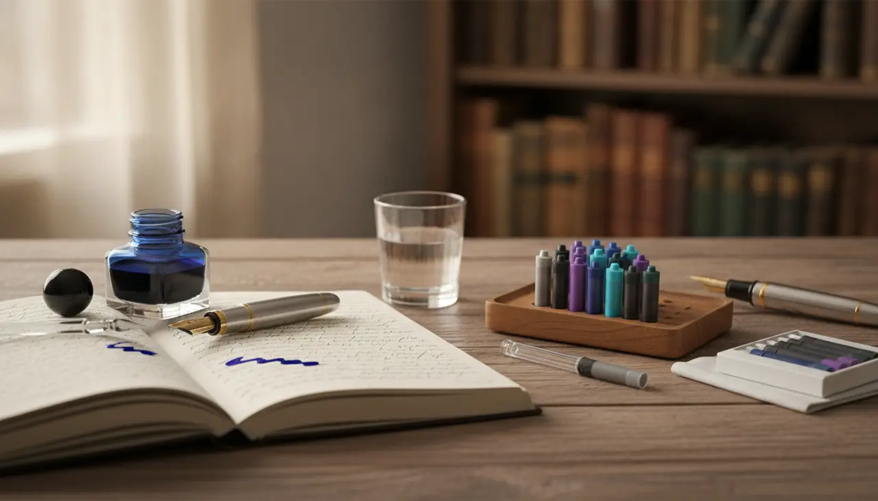 A Beginner’s Guide to Fountain Pen Ink: Cartridge vs. Bottle visual summary